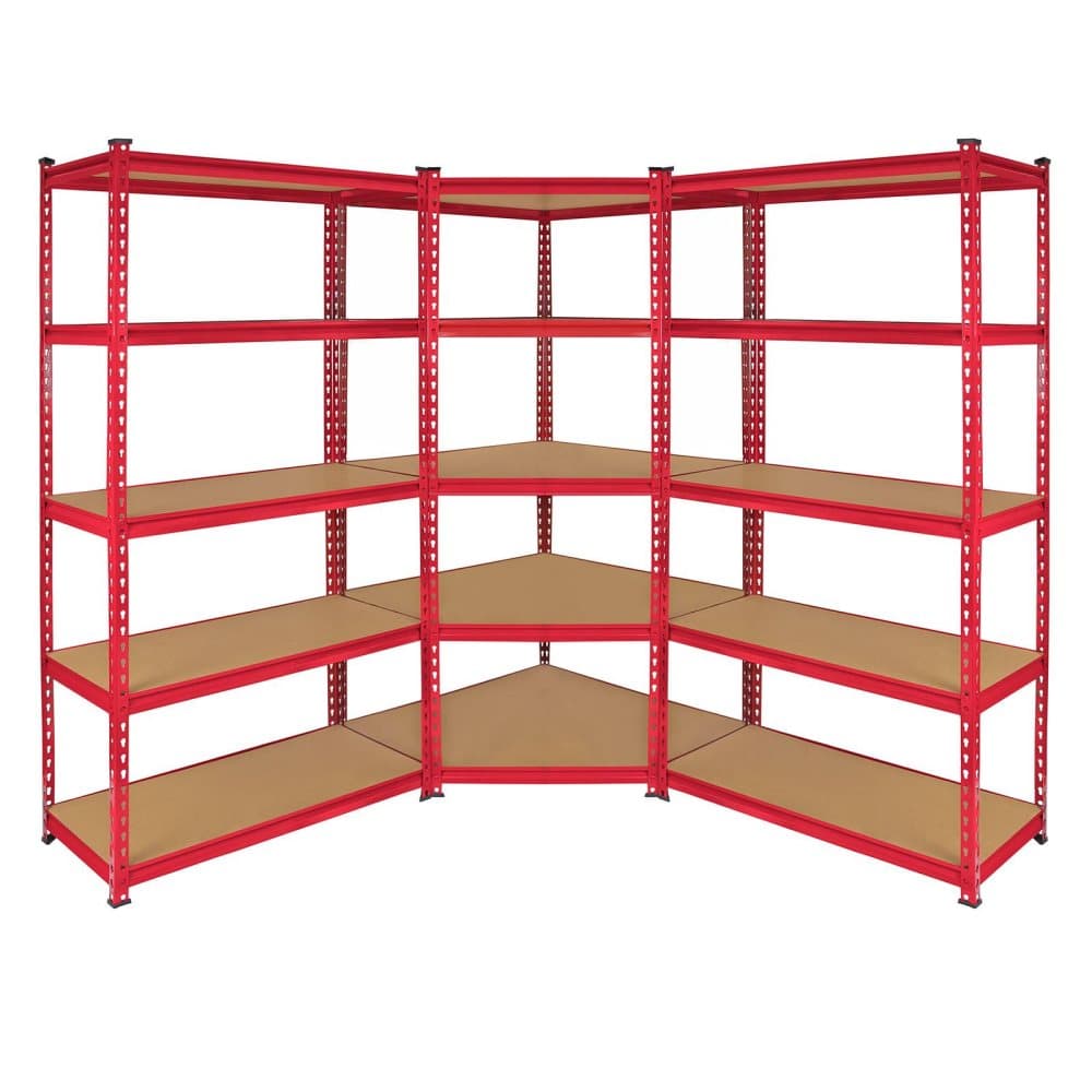 Monster Racking T-Rax Hörnhylla & 2 x 90 cm Robusta Garageförvaringshyllor Röd Förvaring Lager Garage Förråd Varuhus Skjul Verktyg Pulverlackerat Stål
