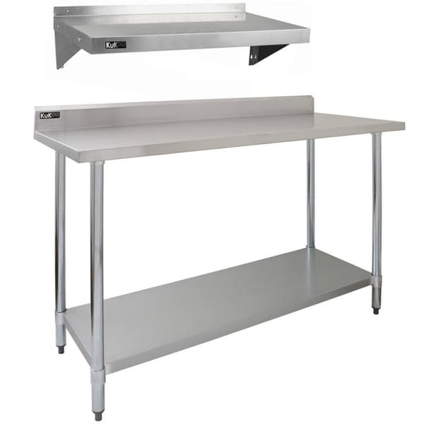 150cm Cateringbord i rustfrit stål og 2 vægmonterede hylder, kommercielt køkkenarbejdsbord med arbejdsplade korrosionsbestandig og mikrofiberklude