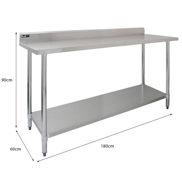 180cm Catering Bänk i Rostfritt Stål & 2 Väggmonterade Hyllor Kommersiellt Kök Arbetsbänk Arbetsyta Stänkskydd Korrosionsbeständig Mikrofiberdukar