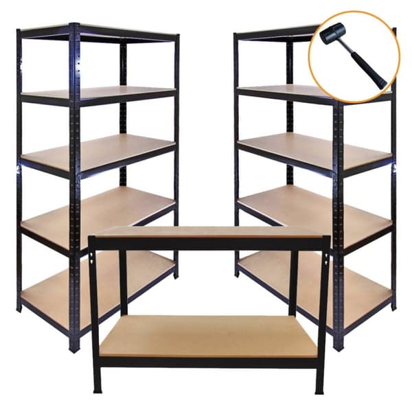 3 x Svarta Hyllenheter 5 Hyllplan & Arbetsbänk Robust Stål 280 kg Kapacitet per Hylla Garagehyllor Lager Förråd Verkstad Växthus Bultfri Montering