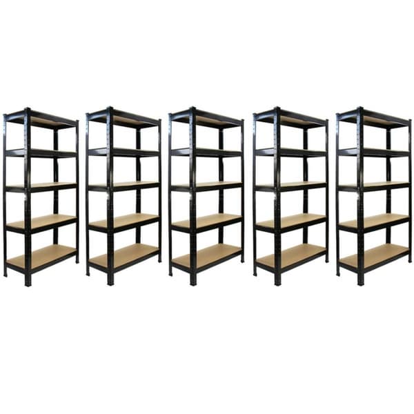 5 x Sorte Hyldenheder Robust Stål 150 kg Vægtkapacitet Garagehylder Opbevaring Lagerhylder Lager Værksted Boltløst Hyldesystem 75 cm x 150 cm x 30 cm