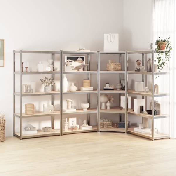 The Living Store reoler 4 stk. 5 hylder stål og konstrueret træ sølvfarvet -  Industrielle reoler
