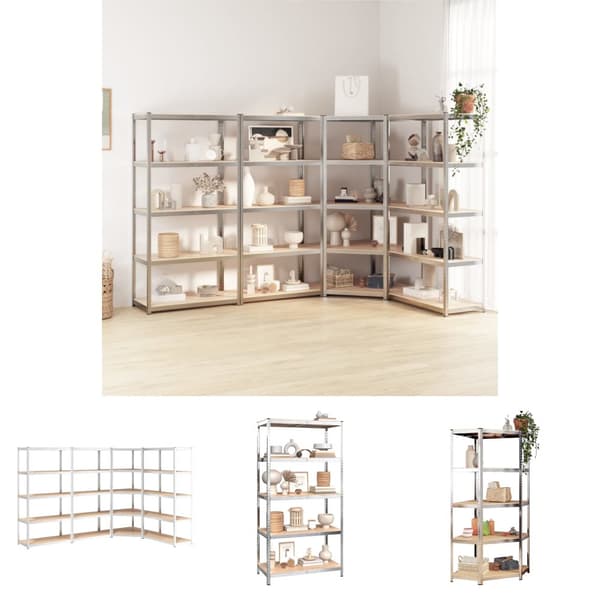 The Living Store reoler 4 stk. 5 hylder stål og konstrueret træ sølvfarvet -  Industrielle reoler