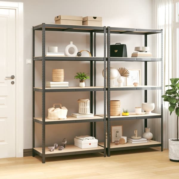 The Living Store 5-tasoiset Varastohyllyt 2 kpl antrasiitti teräs / tekninen puu -  Teollisuushyllyt