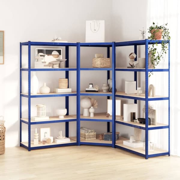 The Living Store reoler 3 stk. 5 hylder stål og konstrueret træ blå -  Industrielle reoler