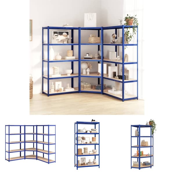 The Living Store reoler 3 stk. 5 hylder stål og konstrueret træ blå -  Industrielle reoler