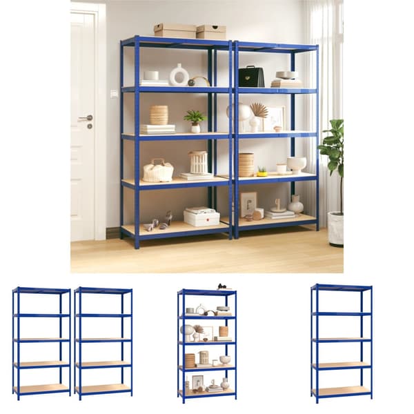 The Living Store reoler 2 stk. 5 hylder stål og konstrueret træ blå -  Industrielle reoler