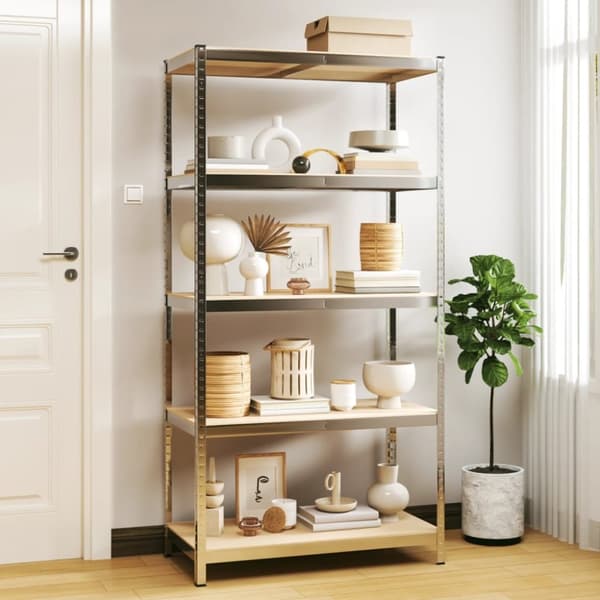The Living Store opbevaringsreoler 5 hylder stål og konstrueret træ sølvfarvet -  Industrielle reoler
