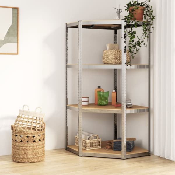 The Living Store hjørnereol 4 hylder stål og konstrueret træ sølvfarvet -  Industrielle reoler