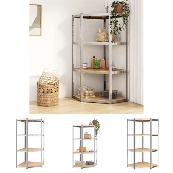 The Living Store hjørnereol 4 hylder stål og konstrueret træ sølvfarvet -  Industrielle reoler