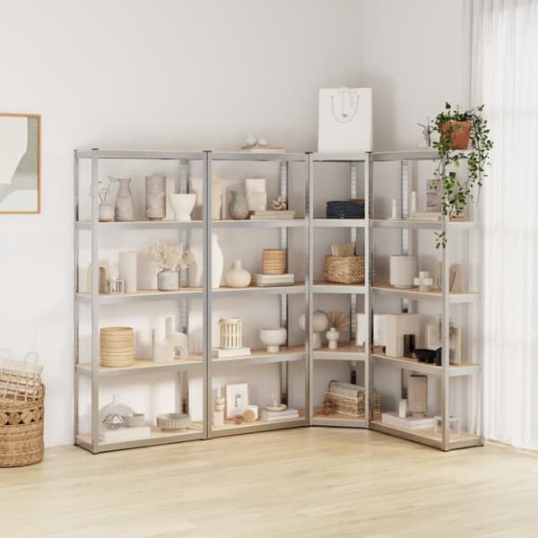 The Living Store 5-tasoiset Varastohyllyt 4 kpl hopea teräs ja tekninen puu -  Teollisuushyllyt