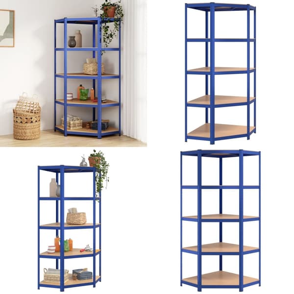 5-tasoinen Varastokulmahylly sininen teräs ja tekninen puu - Hylly - Hyllyt - Home & Living