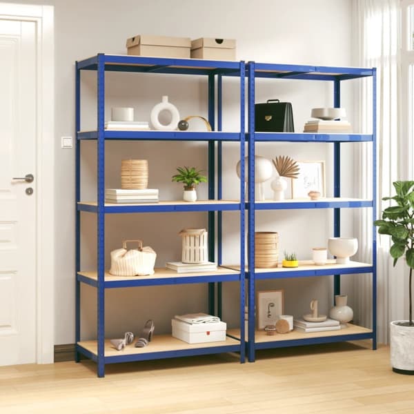 Förvaringshyllor 2 st blå stål & konstruerat trä 5 hyllplan - Hylla - Hyllor - Home & Living