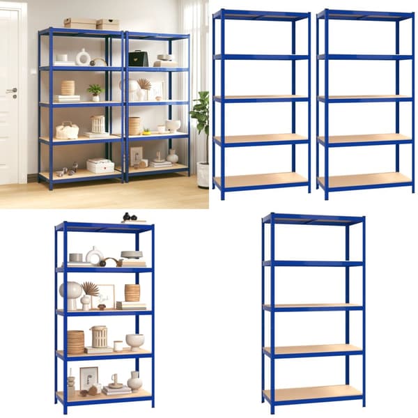 Förvaringshyllor 2 st blå stål & konstruerat trä 5 hyllplan - Hylla - Hyllor - Home & Living