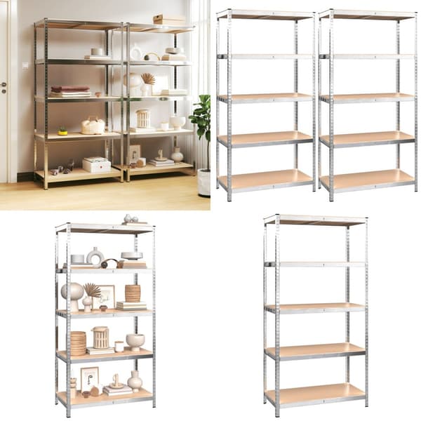 5-tasoiset Varastohyllyt 2 kpl hopea teräs ja tekninen puu - Hylly - Hyllyt - Home & Living