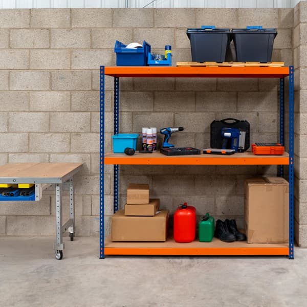 Garagehylde S-Rax Hyldesystem Hylde 180 x 180 x 60 cm Stålhylde 300 kg Kapacitet pr. Hylde Justerbar Layout Boltløs Montering 3 støttestænger Varehus