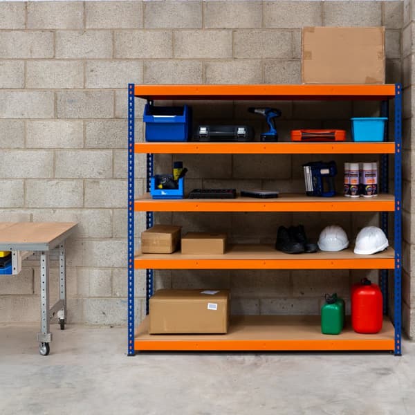 Garagehylde S-Rax Hyldesystem Hylde 180 x 180 x 60 cm Stålhylde 300 kg Kapacitet pr. Hylde Justerbar Layout Boltløs Montering 3 støttestænger Varehus