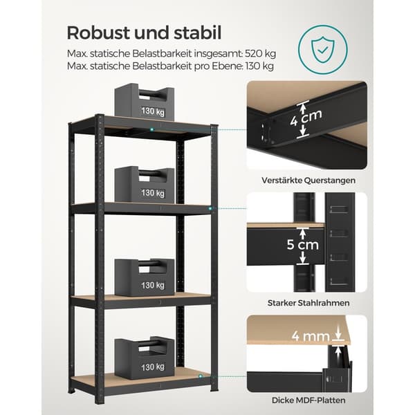 Reol, SONGMICS Lagerreol med 4 hylder, 160x80x40 cm, Blå, Sort.