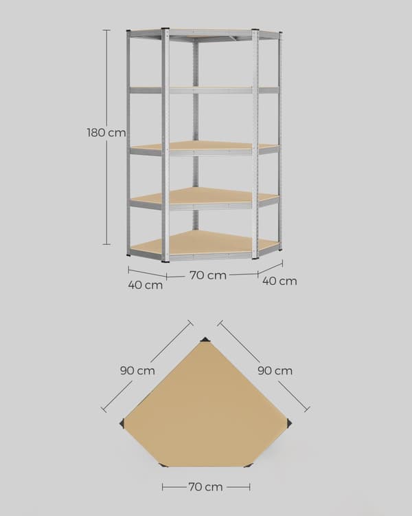Hjørnereol, SONGMICS, 90x90x180 cm, Sølv-Naturbeige.