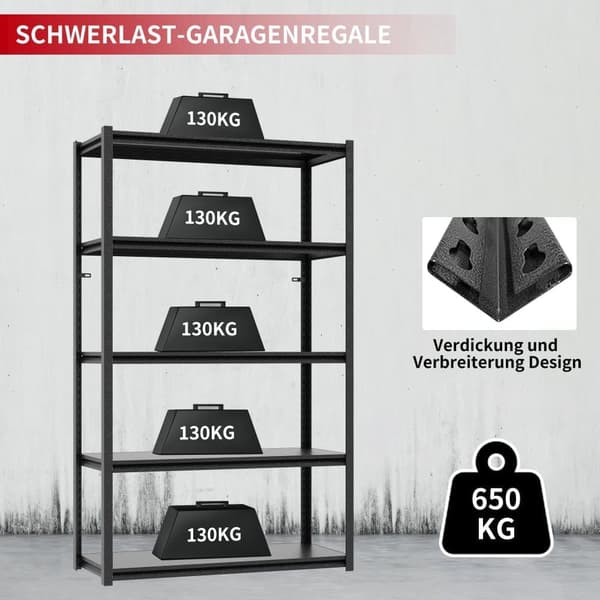 H198cm Schwerlastregal 5 Hyllor – Metall Lagerregal 650kg Belastning, Justerbart Industriellt Regal för Garage, Källare & Verkstad, Svart