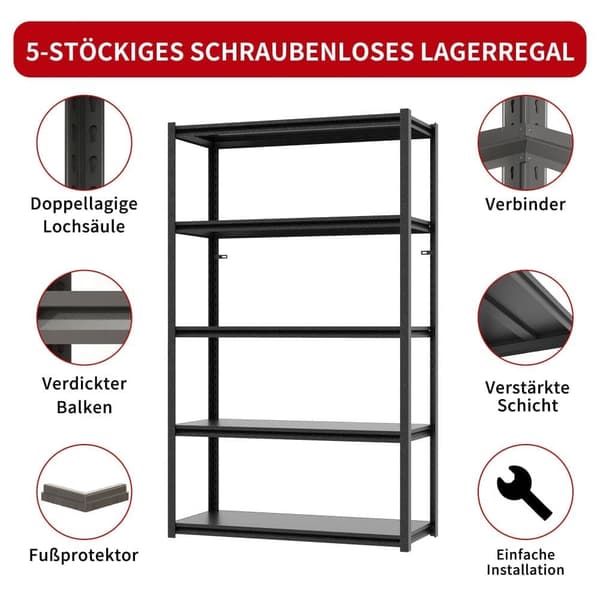 H198cm Schwerlastregal 5 Hyllor – Metall Lagerregal 650kg Belastning, Justerbart Industriellt Regal för Garage, Källare & Verkstad, Svart