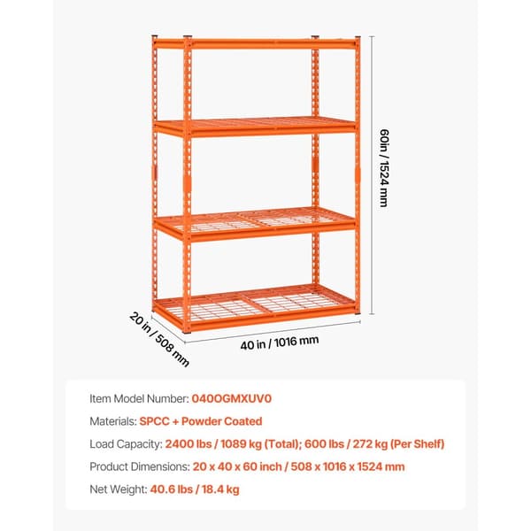 VEVOR Garagehylla, 2400 lbs lastkapacitet, justerbara hyllor,Orange
