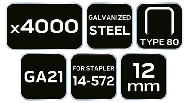 Galvaniserede hæfteklammer til pneumatisk hæftemaskine (14-572), GA21, Type 80 (380), længde 12 mm, 4000