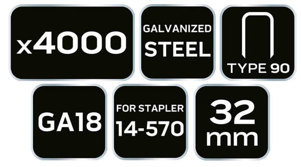 Galvaniserede hæfteklammer til pneumatisk hæftemaskine (14-570), GA18, Type 90 (4K), længde 32 mm, 4000 s