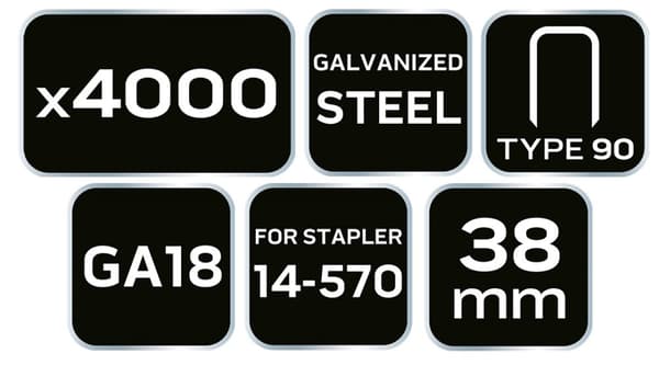 Galvaniserede hæfteklammer til pneumatisk hæftemaskine (14-570), GA18, Type 90 (4K), længde 38 mm, 4000 s