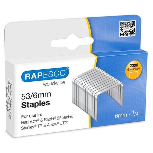 Häftklamrar - RAPESCO - 53/6mm - Box 2000 - Galvaniserad - Kompatibel med märkesverktyg