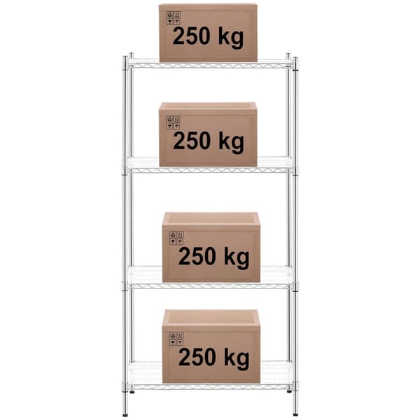 Kromattu työpajahylly, 4 hyllyä + 4 mattoa, 1 t 1000 kg asti, 90x45x180 cm