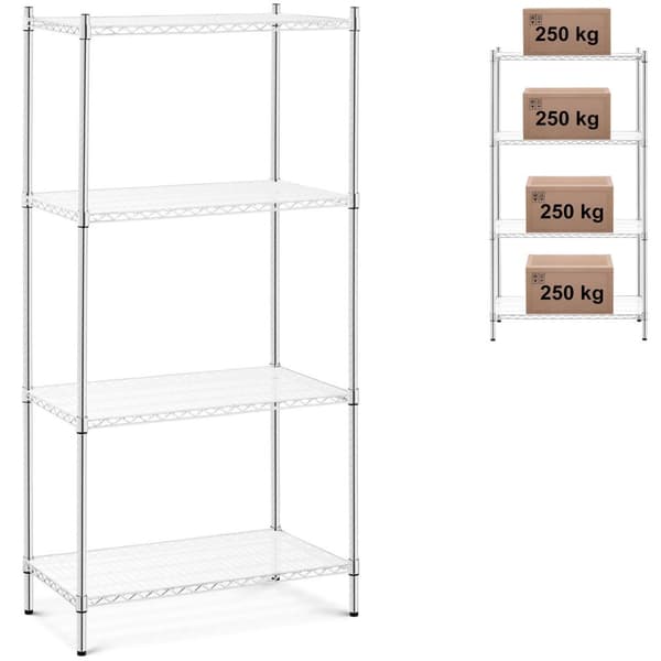Kromattu työpajahylly, 4 hyllyä + 4 mattoa, 1 t 1000 kg asti, 90x45x180 cm