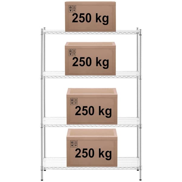 Forkromet gennembrudt værkstedshylde, 4 hylder + 4 måtter, op til 1 t 1000 kg, 120x45x180 cm