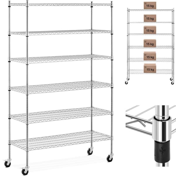 Gennembrudt trådlagerhylde på hjul, 6 hylder, op til 90 kg, 120x45x189 cm