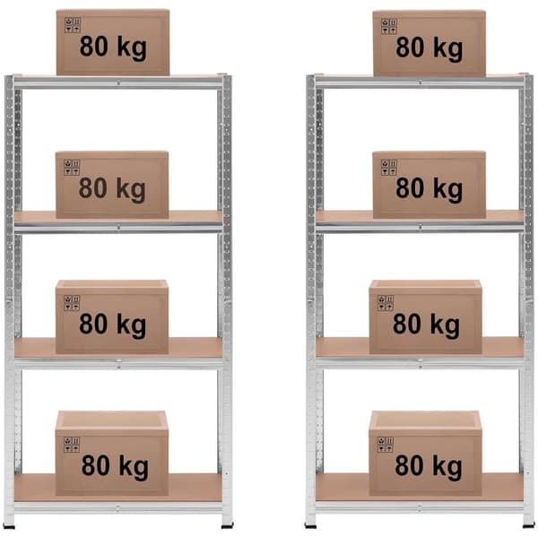 Lagerhylla i metall 4 hyllor 320 kg 80 x 40 x 160 cm grå 2 st.