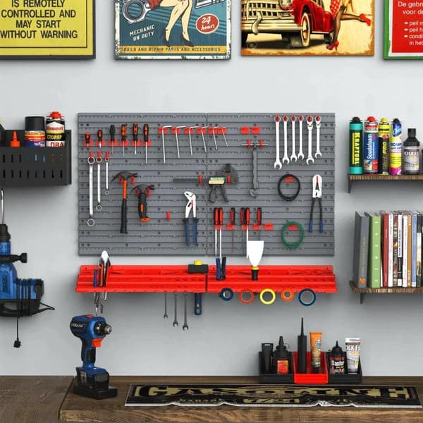 Rootz Pegboard - Perforerad verktygssats - Vägghylla - 54 st Verktyg - Vägghållarverktyg - Grå/Röd 95,5 X 23 X 53,5 Cm