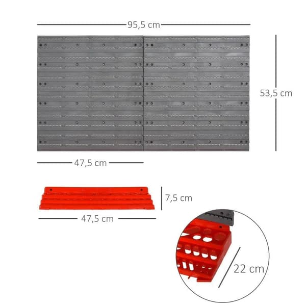 Rootz Pegboard - Perforerad verktygssats - Vägghylla - 54 st Verktyg - Vägghållarverktyg - Grå/Röd 95,5 X 23 X 53,5 Cm