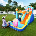 Miniatyrbild 3 av 11: Uppblåsbar hoppborg med fläkt – multifunktionell vattenpark med trampolin, vattenrutschkana, liten rutschkana, fontän, vattenpistoler och markistak