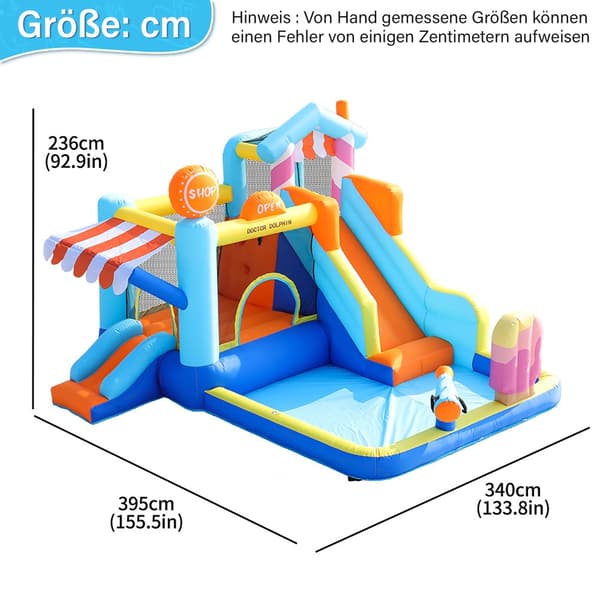 Uppblåsbar hoppborg med fläkt – multifunktionell vattenpark med trampolin, vattenrutschkana, liten rutschkana, fontän, vattenpistoler och markistak