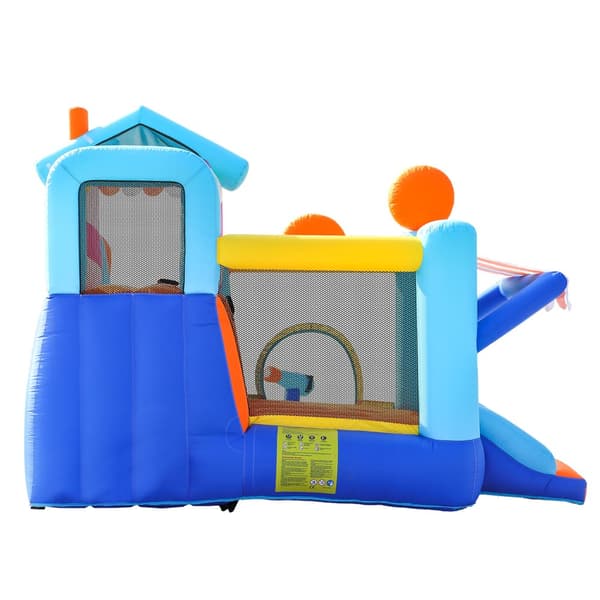 Uppblåsbar hoppborg med fläkt – multifunktionell vattenpark med trampolin, vattenrutschkana, liten rutschkana, fontän, vattenpistoler och markistak