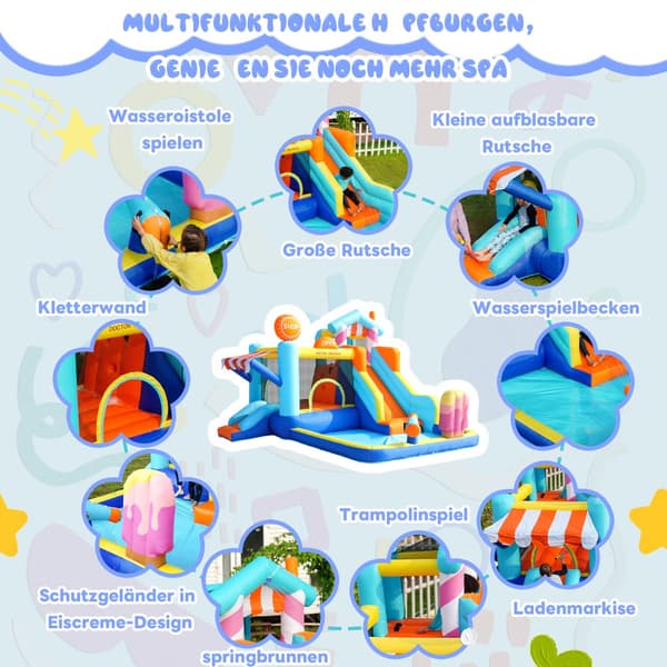 Uppblåsbar hoppborg med fläkt – multifunktionell vattenpark med trampolin, vattenrutschkana, liten rutschkana, fontän, vattenpistoler och markistak