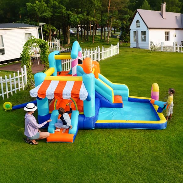 Uppblåsbar hoppborg med fläkt – multifunktionell vattenpark med trampolin, vattenrutschkana, liten rutschkana, fontän, vattenpistoler och markistak