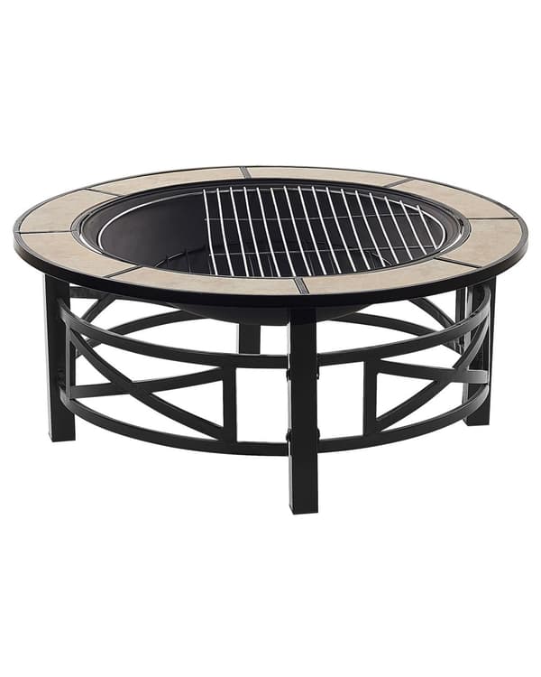 Utomhus Eldstad Svart med beige Keramik Rund Tillbehör Trädgårdsgrill