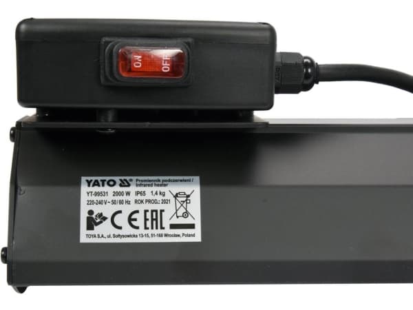 Yato YT-99531, Halogeeninen sähkölämmitin, 1,9 m, IP65, Sisätila ja ulkotila, Katto, Lattia, Seinä, Musta