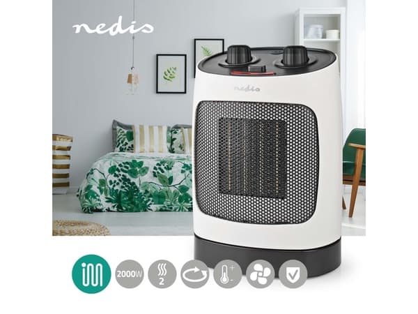 Nedis HTFA19WT, Sähkökäyttöinen lämpötuuletin, Keraaminen, 1,5 m, Sisätila, Lattia, Valkoinen