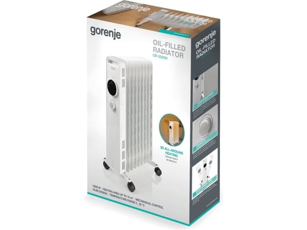 Gorenje OR2000M, Öljysähkölämmitin, Öljy, Sisätila, Lattia, Valkoinen, Painikkeet