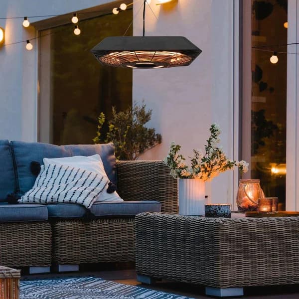 Rootz-kattolämmitin - Sähköinen patiolämmitin - 5-tilan lämmitin - Kaukosäätimellä varustettu lämmitin - LED-valo - Alumiini - Musta - 45 x 45 x 10 cm