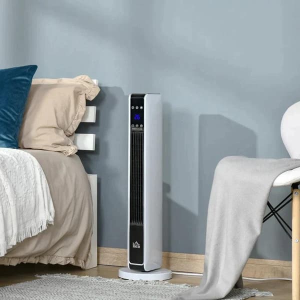 Rootz Heater - Varmeblæser - 2000W Elvarmer - Keramisk Varmetårn med Fjernbetjening - Oscillationsvarmer - ABS PA - Hvid + Sort - 21 x 21 x 73 cm