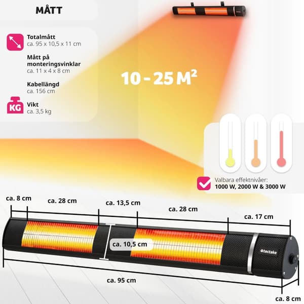 Infravärmare Solaris Horizon 3000W, aluminiumhölje - svart