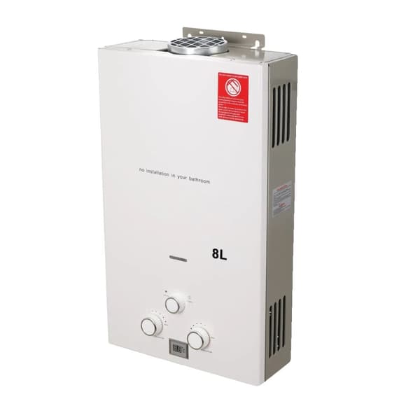 LPG-kaasuvesivaraaja, 16 kW, minimikuuma veden tuotto, ei asennusta vaadita,8L, Valkoinen